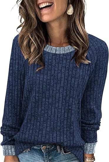 Women's Soft Ribbed Contrast Trim Long Sleeve Crew Neck Top