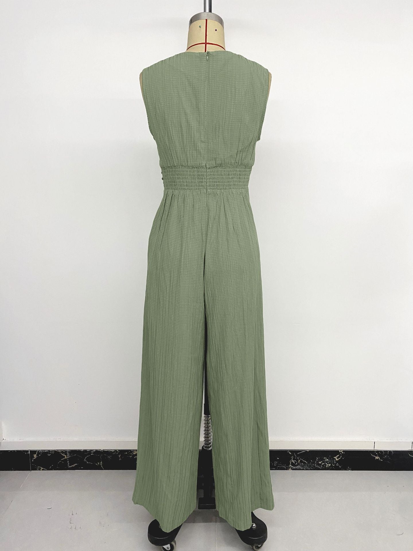 Solid V Neck Wide Leg Jumpsuit Sleeveless Casual Romper