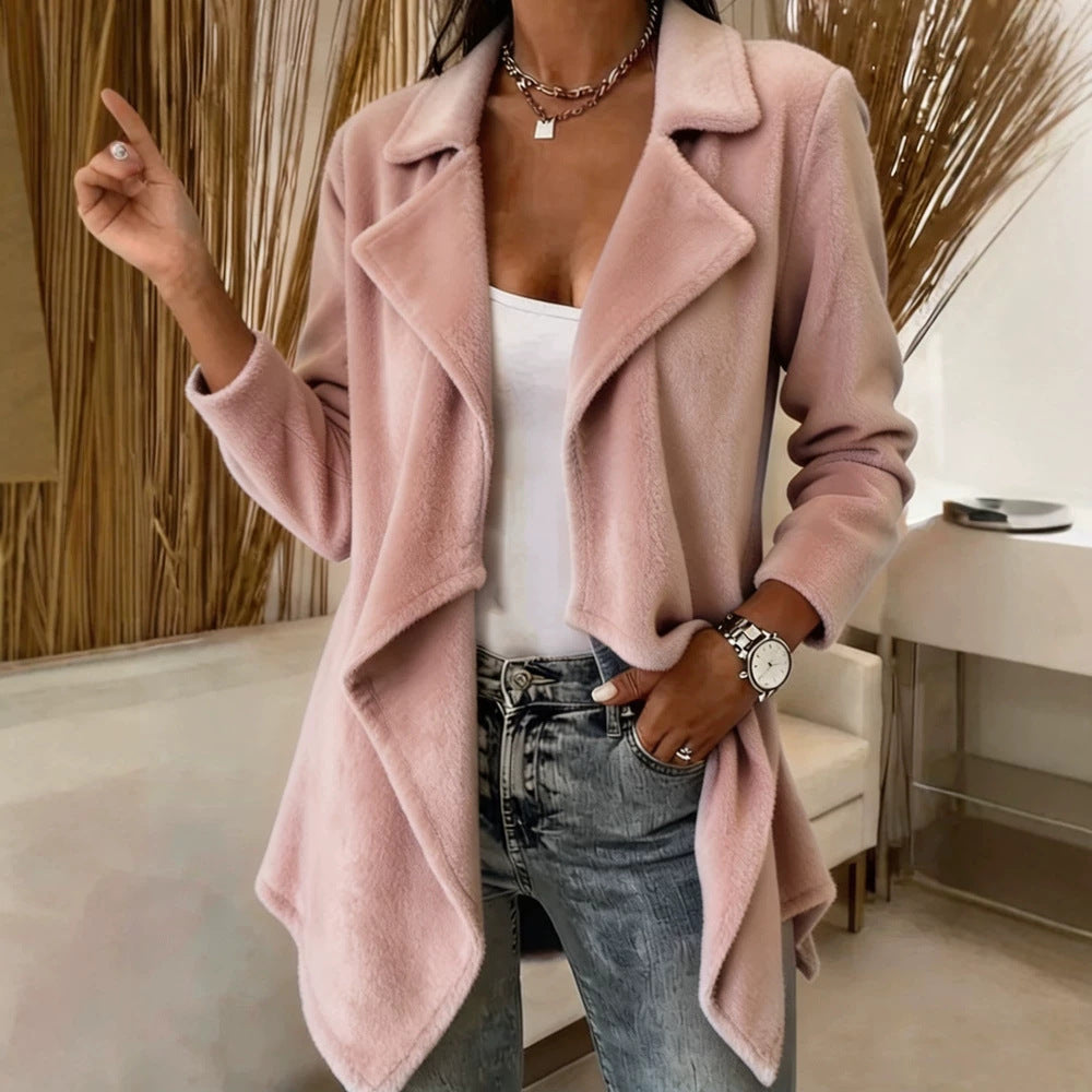 Women's Open Front Lapel Cardigan Solid Mid-Length Coat