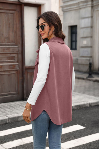 Corduroy Vest Button Front Sleeveless Longline Jacket