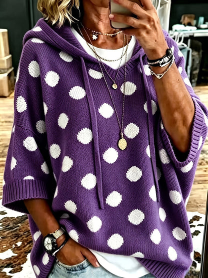 Women's Polka Dot Hooded Knit Sweater Oversized 3/4 Sleeve