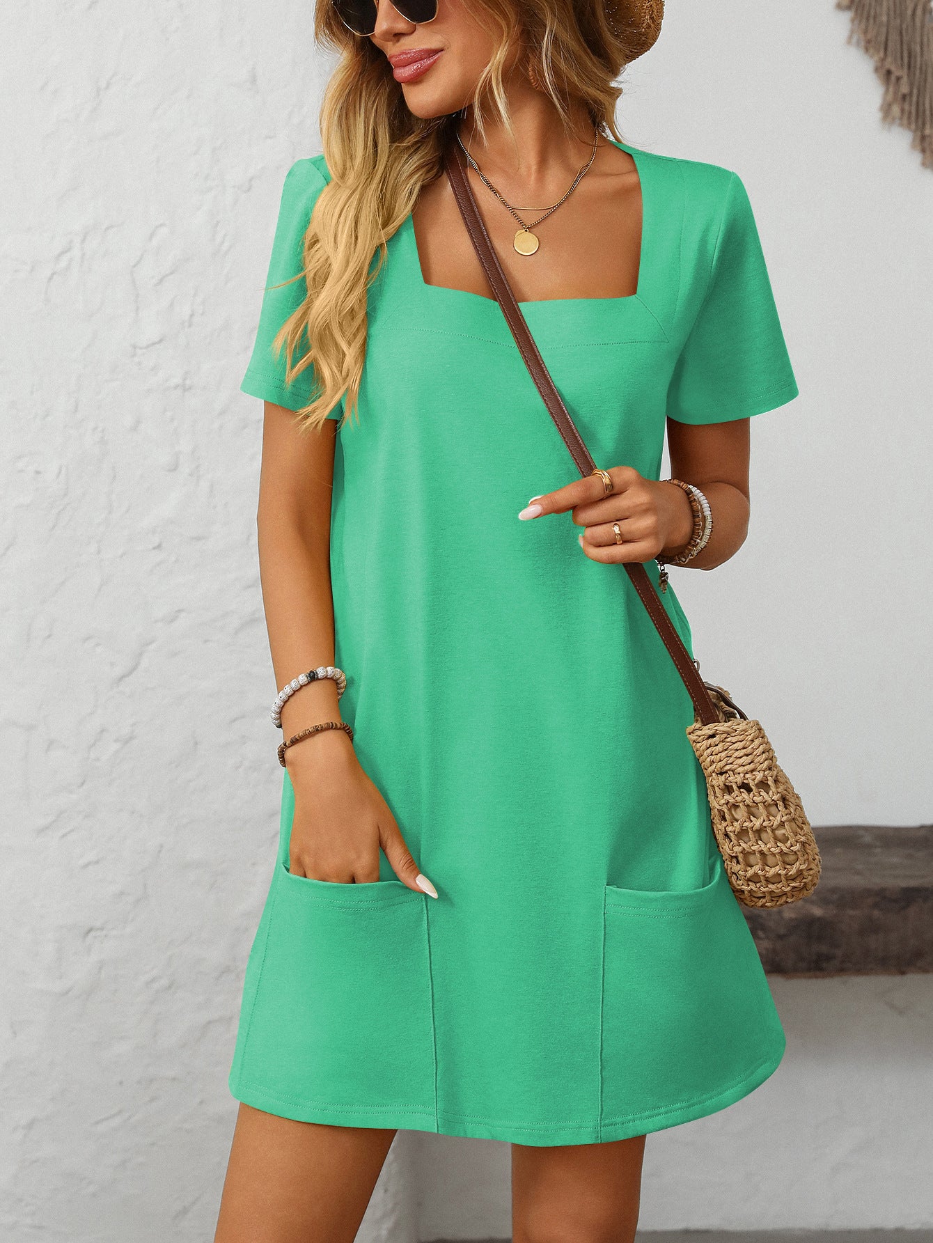 Square Collar Short-Sleeve Casual Pocket Dress