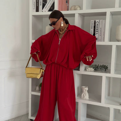 Women's Satin Batwing Zip-Up Two-Piece Jogger Set