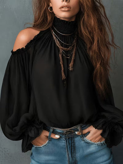 Cold Shoulder Paisley Blouse Balloon Sleeve Smocked Neck