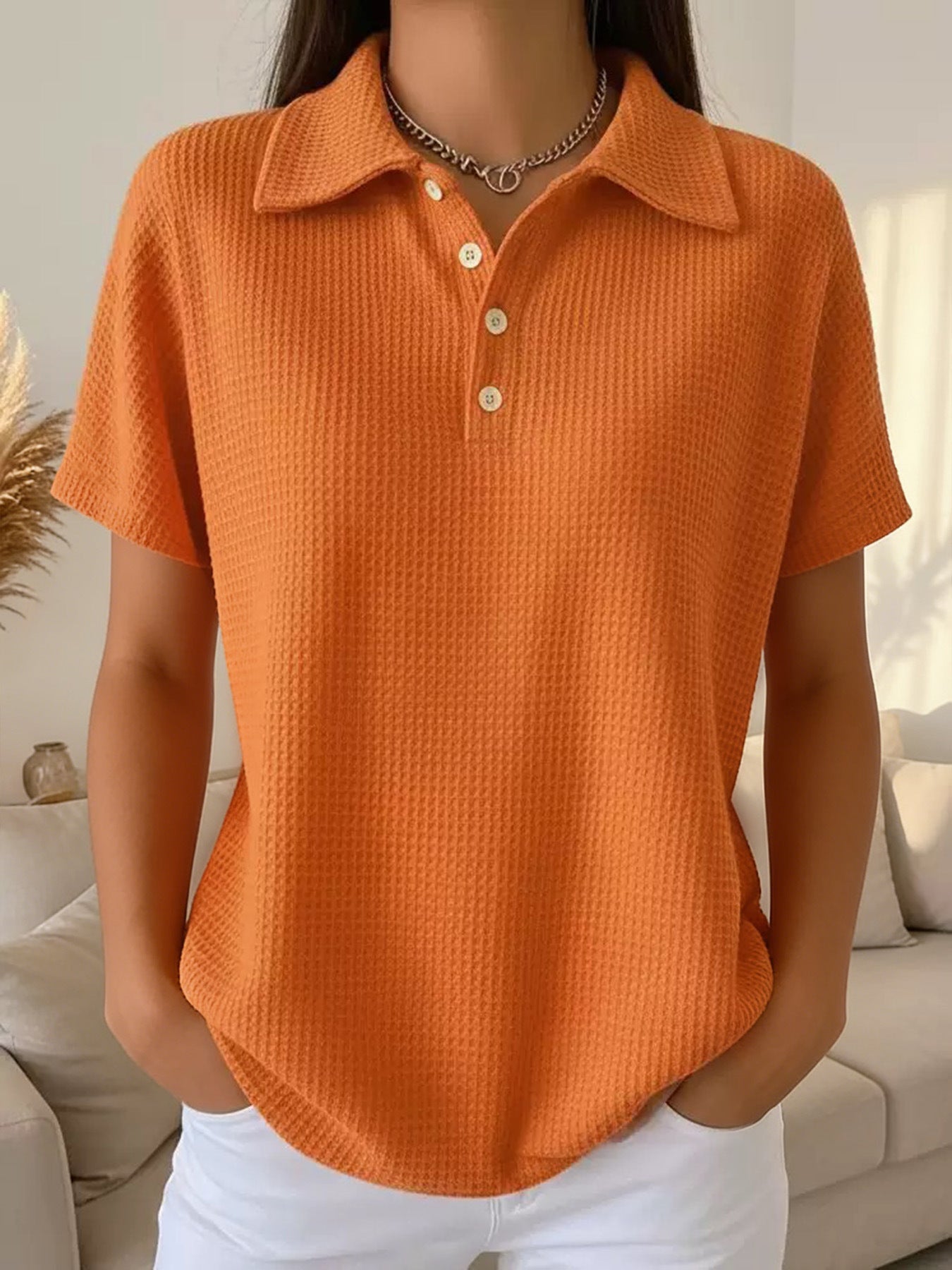 Women's Oversized Waffle Knit Polo Shirt Long Sleeve Top