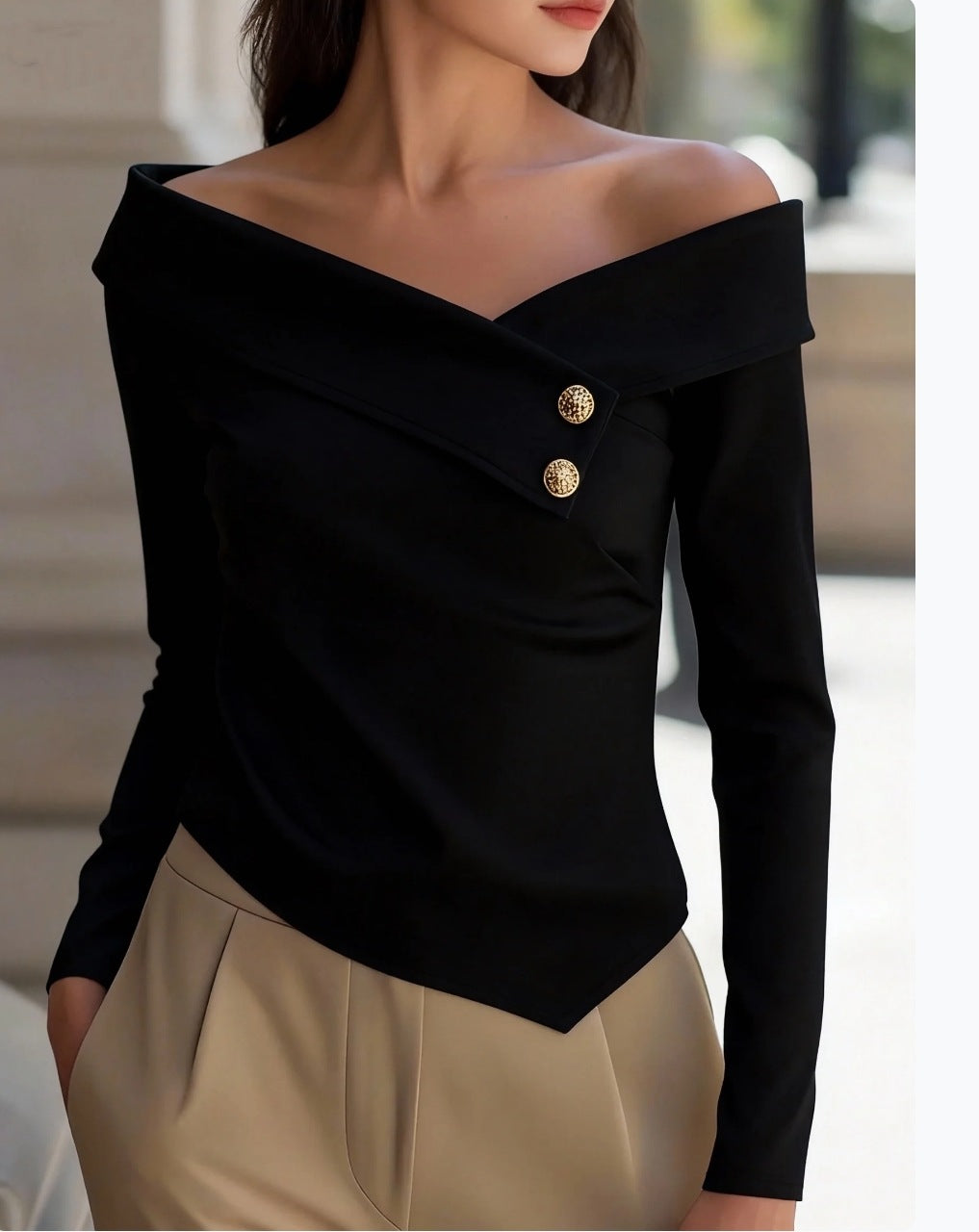 Elegant Off Shoulder Button Detail Long Sleeve Blouse