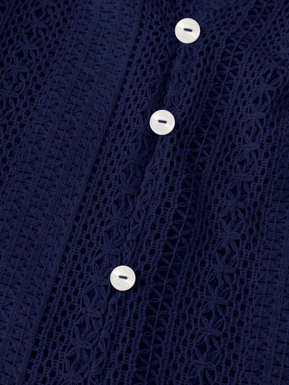 Hollow Knit V Neck Button Front Lace Blouse for Women