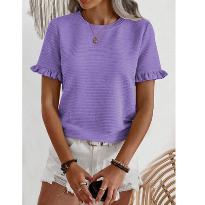 Women’s Ruffle Sleeve Textured Round Neck Casual Top