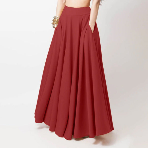 Women's Pleated Maxi Skirt High Waist A-Line Pockets