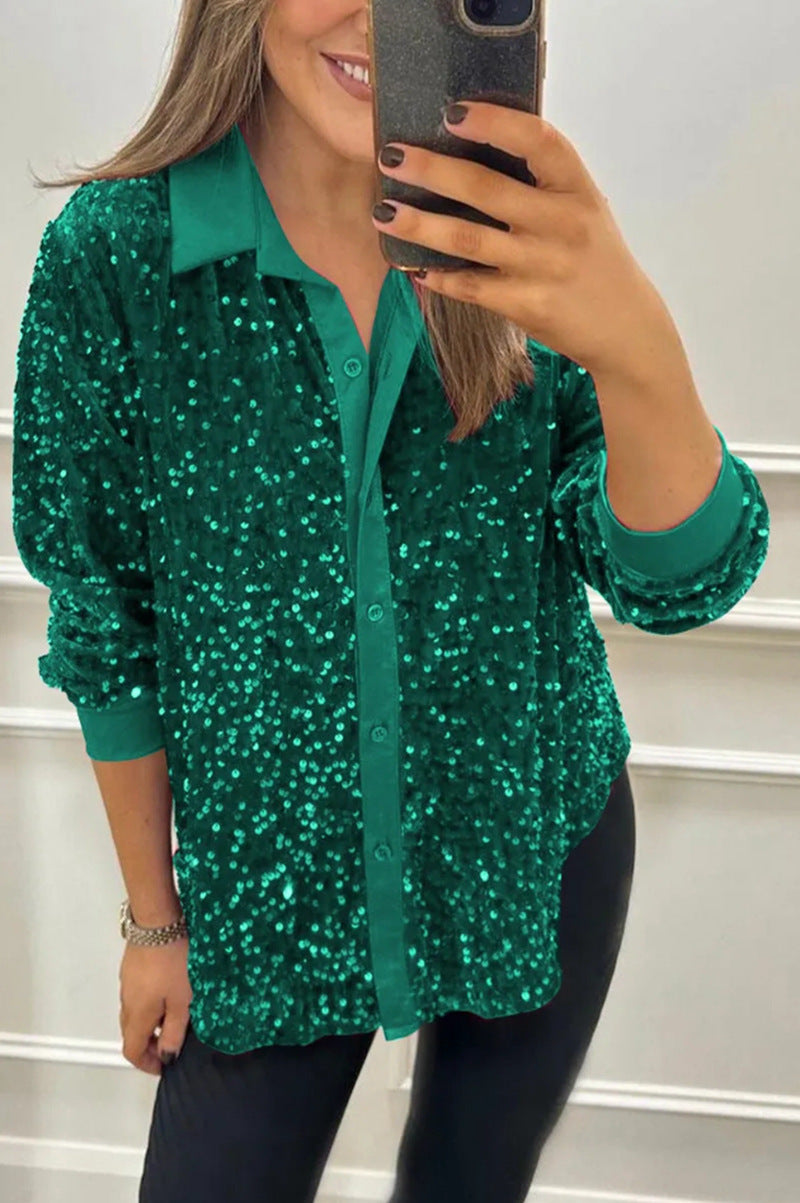 Women's Sequin Long Sleeve Button Down Collared Shirt