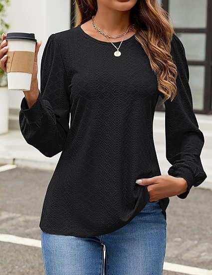 Solid Eyelet Lace Blouse Crew Neck Lantern Sleeve Top