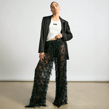 Women Sequin Fringe Mesh Wide Leg Pants
