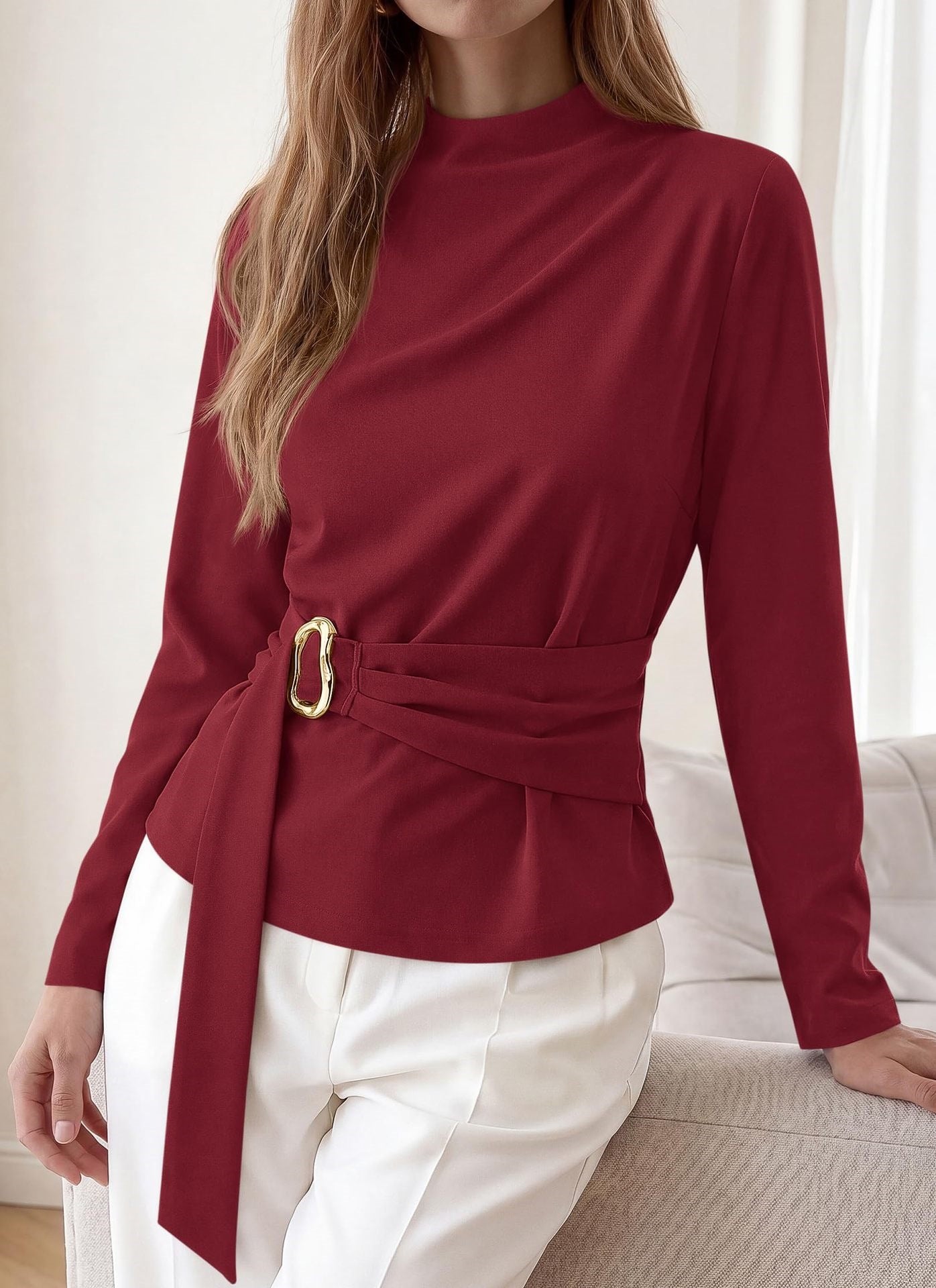 Burgundy Belted Mock Neck Slim Fit Long Sleeve Top