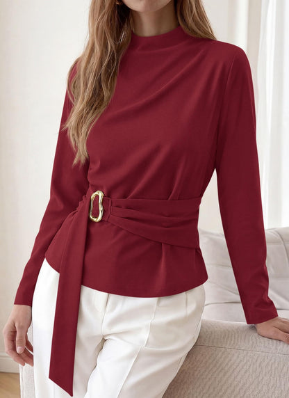 Burgundy Belted Mock Neck Slim Fit Long Sleeve Top