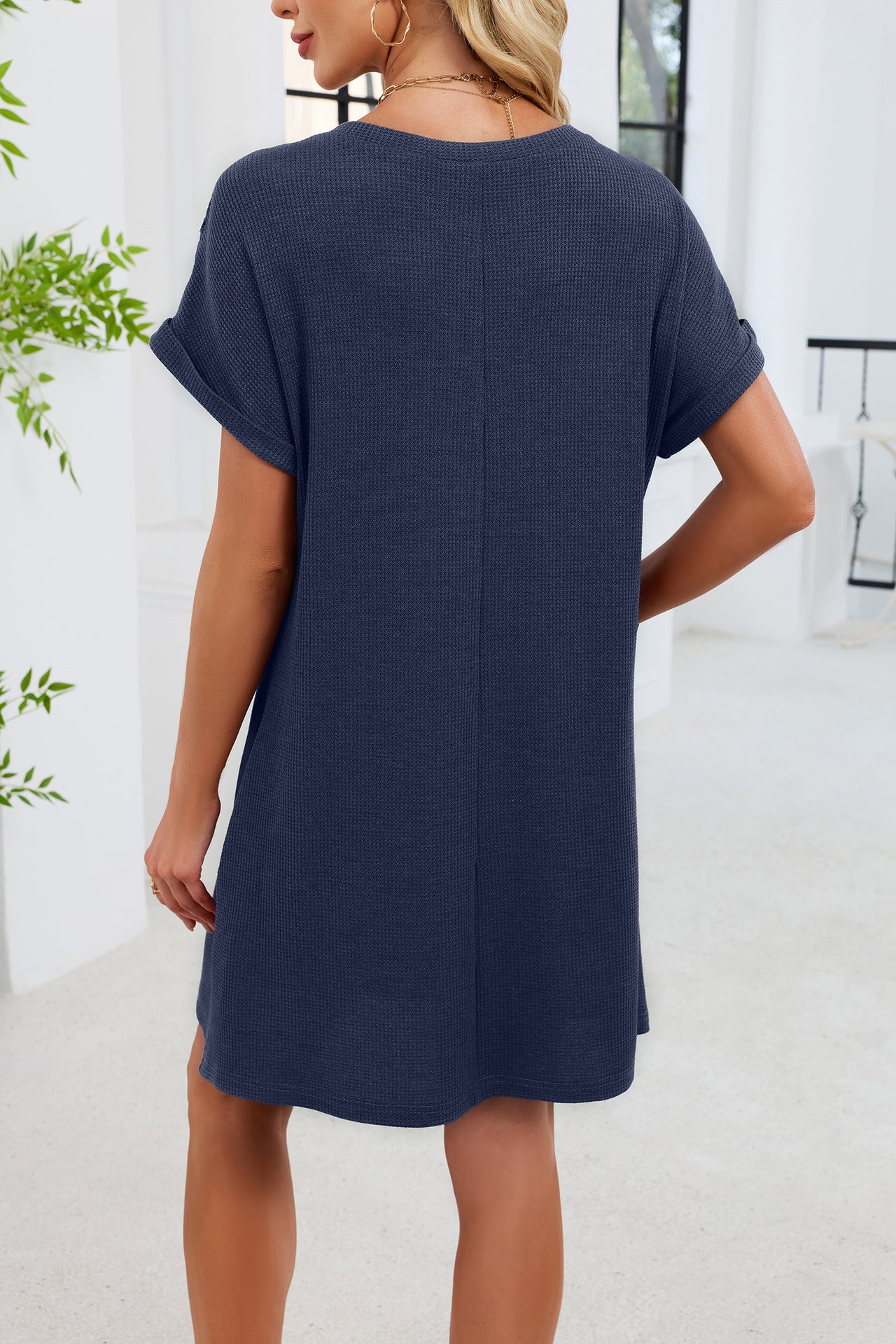 Blue Gray Yoke Loose T Shirt Dress Crew Neck