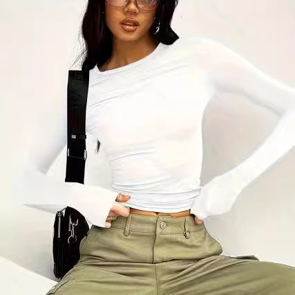 Women's Fitted Long Sleeve Crop Top Round Neck Basic Tee