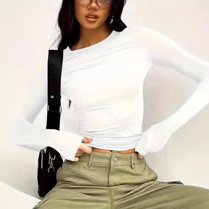 Women's Fitted Long Sleeve Crop Top Round Neck Basic Tee