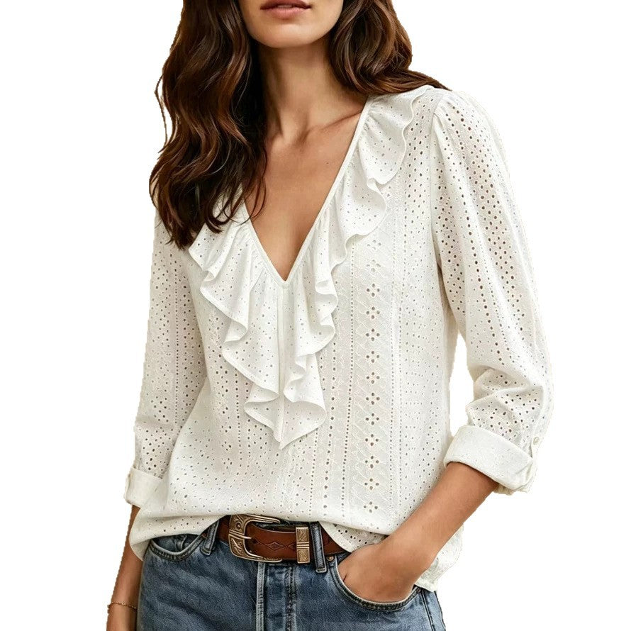 Women's Ruffle V Neck Eyelet Long Sleeve Blouse Top