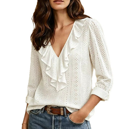 Women's Ruffle V Neck Eyelet Long Sleeve Blouse Top