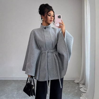 Women's Belted Cape Coat Stand Collar Wool Jacket
