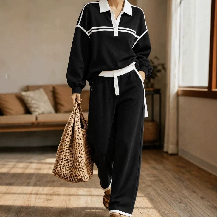 Women's Striped Polo Sweatshirt Wide Leg Pants Set