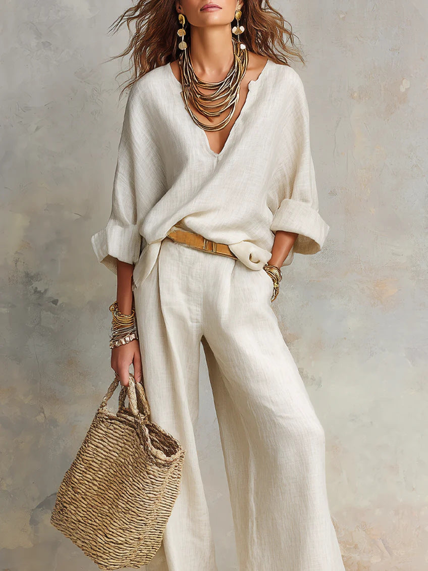 Women's Linen V-Neck Wide Leg Pants Two Piece Set