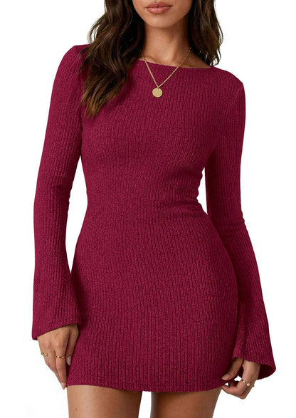 Solid ribbed knit bodycon mini dress bell sleeve