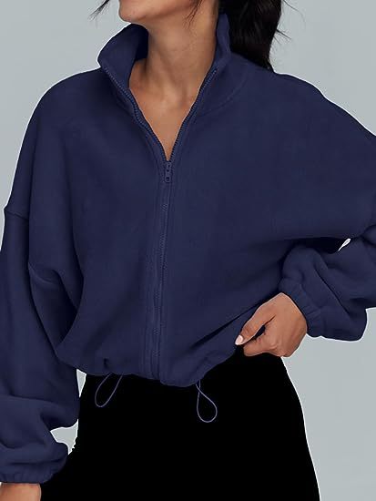 Womens Oversized Fleece Zip Up Jacket Stand Collar Cropped