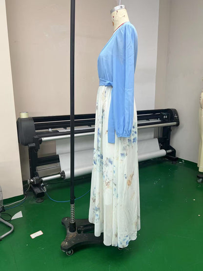 Floral Chiffon Maxi Dress Long Sleeve V-Neck Belted