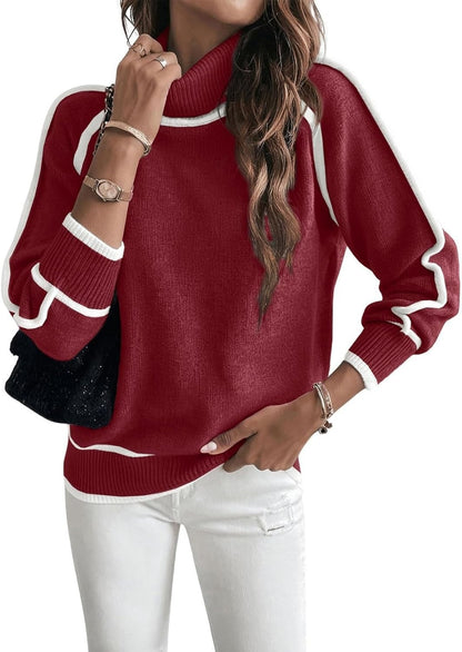 Oversized Contrast Trim Turtleneck Sweater Raglan Sleeve