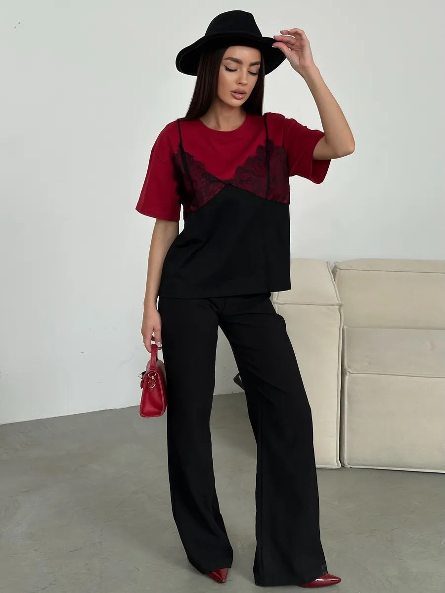 Sexy Lace Splice Loose Tee Top Casual Streetwear Summer Women