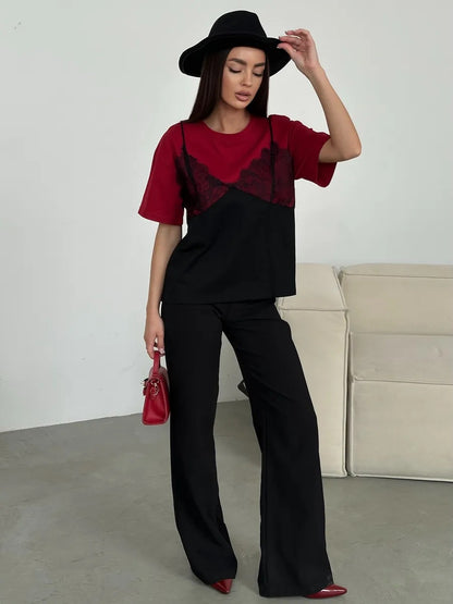 Sexy Lace Splice Loose Tee Top Casual Streetwear Summer Women