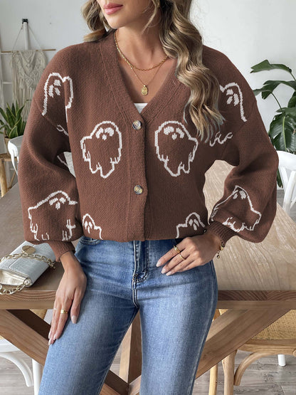 Halloween Ghost Print V-Neck Cardigan | Cozy Knit Sweater