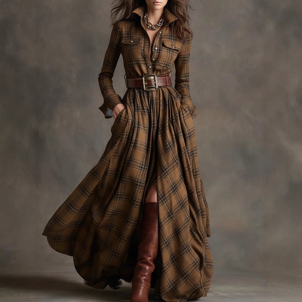 Plus Size Plaid Maxi Shirt Dress Belted Long Sleeve
