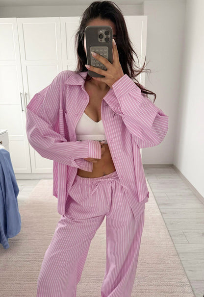 Women's Striped Oversized Shirt and Pants Lounge Set