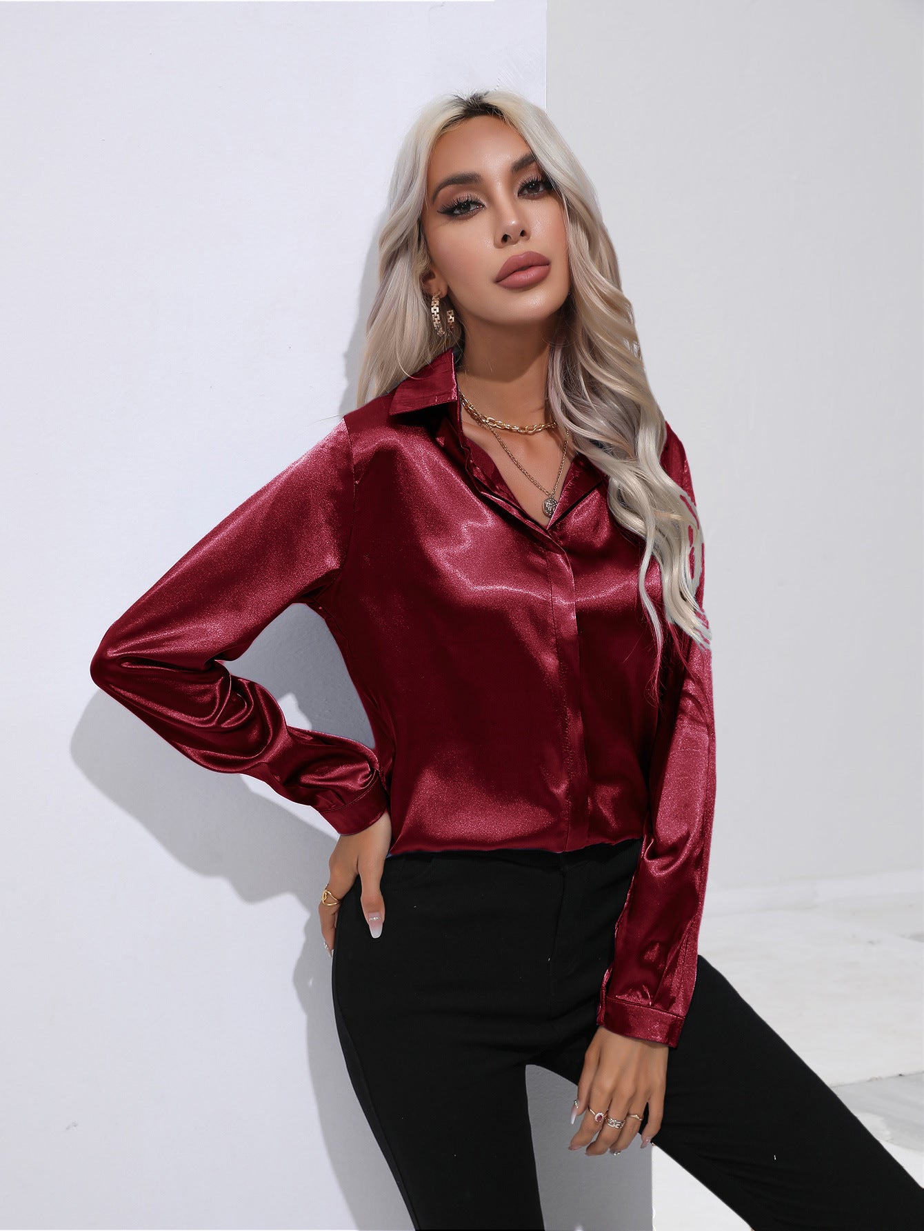 Women's Satin Long Sleeve Collared Blouse
