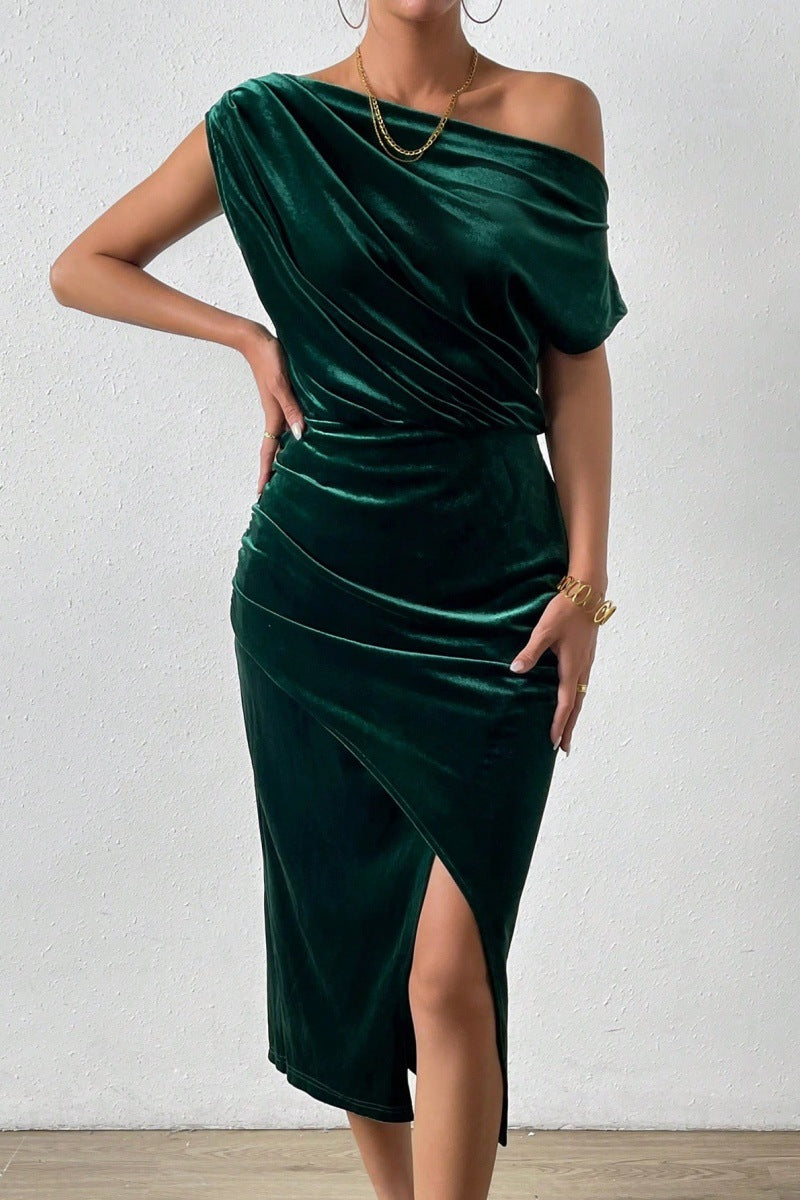 One Shoulder Velvet Midi Dress Ruched Asymmetrical Hem
