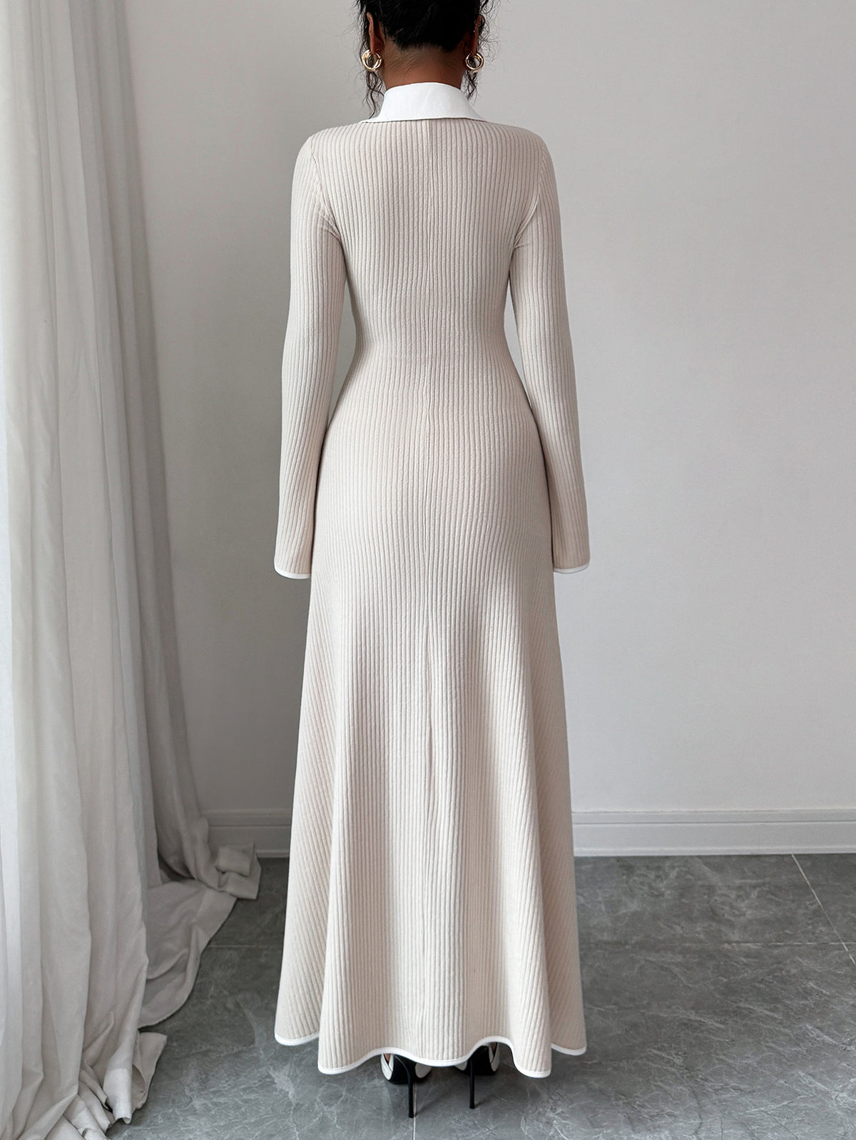 Ribbed Long Sleeve Collared Maxi Dress