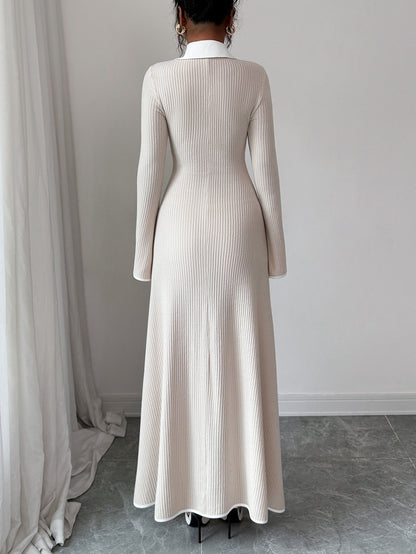 Ribbed Long Sleeve Collared Maxi Dress