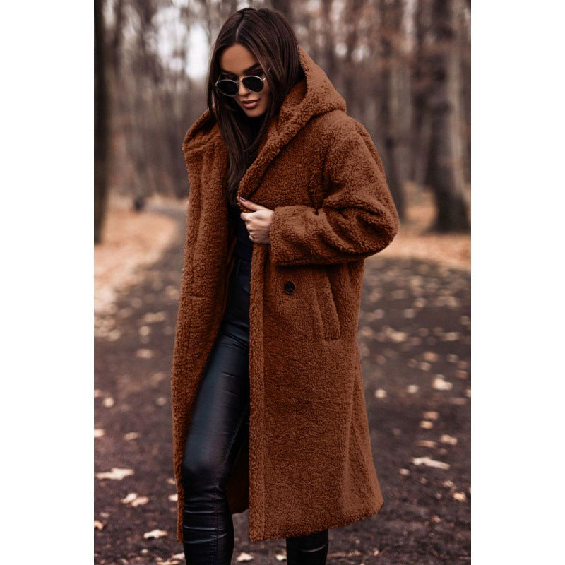 Hooded Sherpa Fleece Long Coat with Pockets