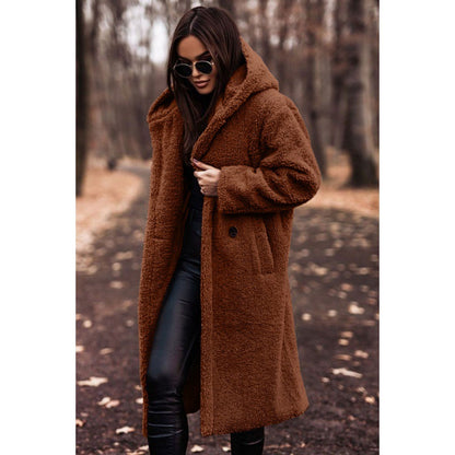 Hooded Sherpa Fleece Long Coat with Pockets