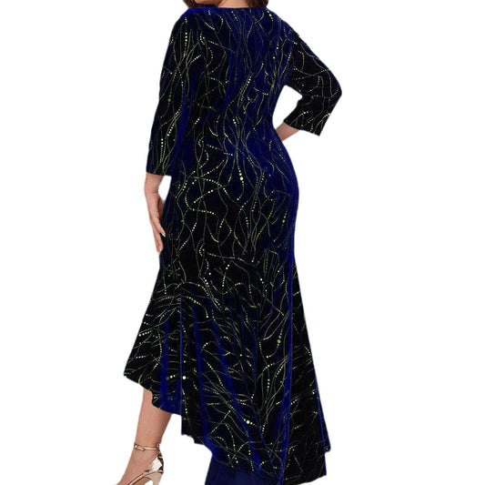 Plus Size Velvet Foil Print High Low Maxi Dress 3/4 Sleeve