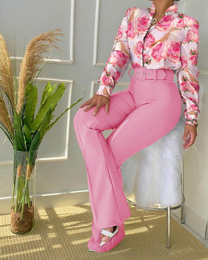 Women's Belted Floral Shirt & Pants Set