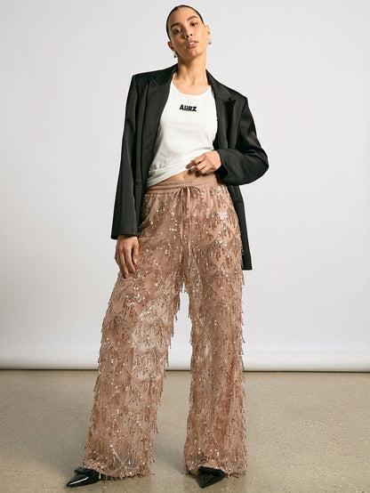 Women Sequin Fringe Mesh Wide Leg Pants