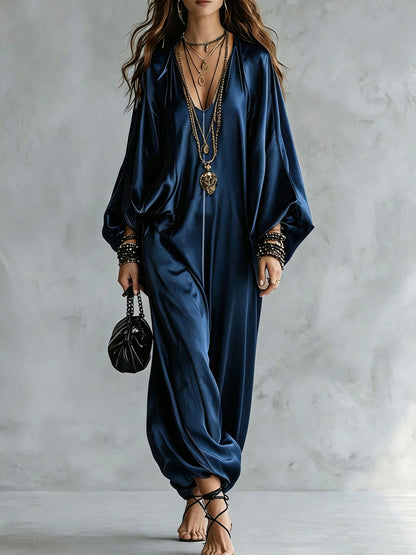 Women's Satin Wide Leg Jumpsuit V-Neck Batwing Plus Size