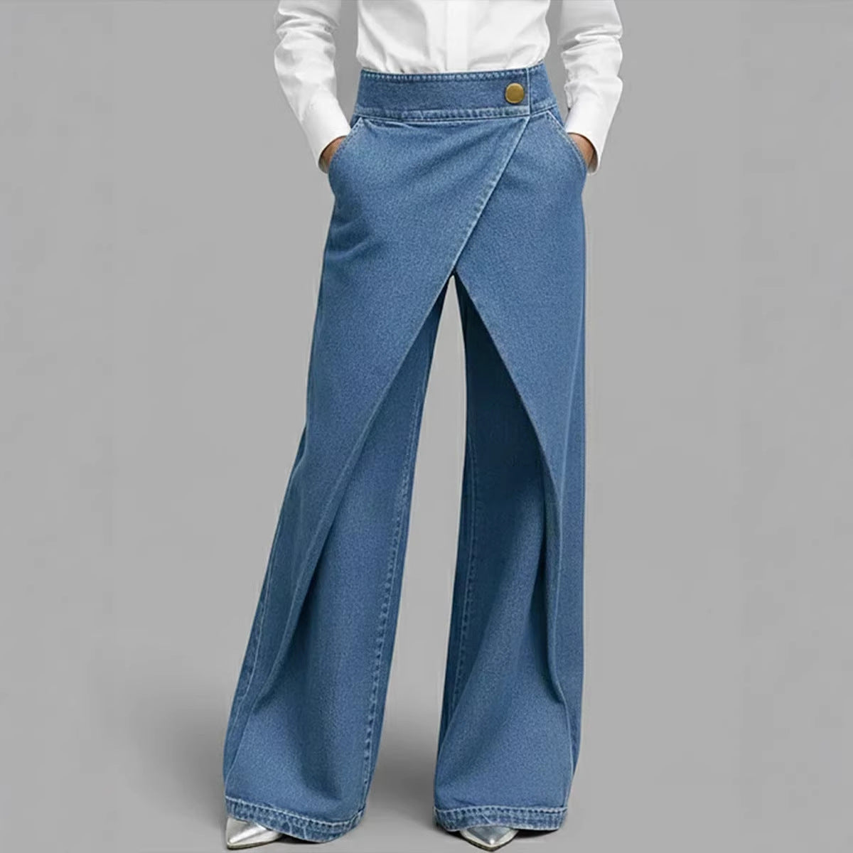 Women's High Waisted Crossover Wide Leg Denim Jeans