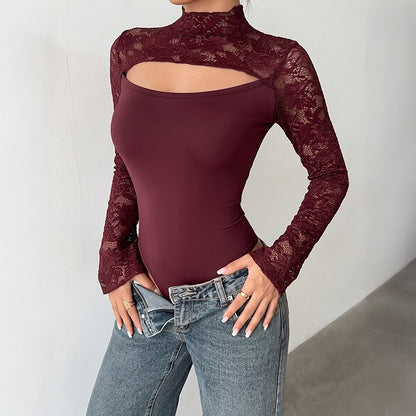 Lace Cutout Bodysuit Mock Neck Flare Sleeve Fitted Top