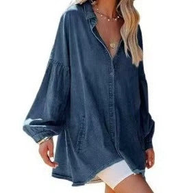 Women's Denim Shirt Dress Oversized Puff Sleeve Button Down