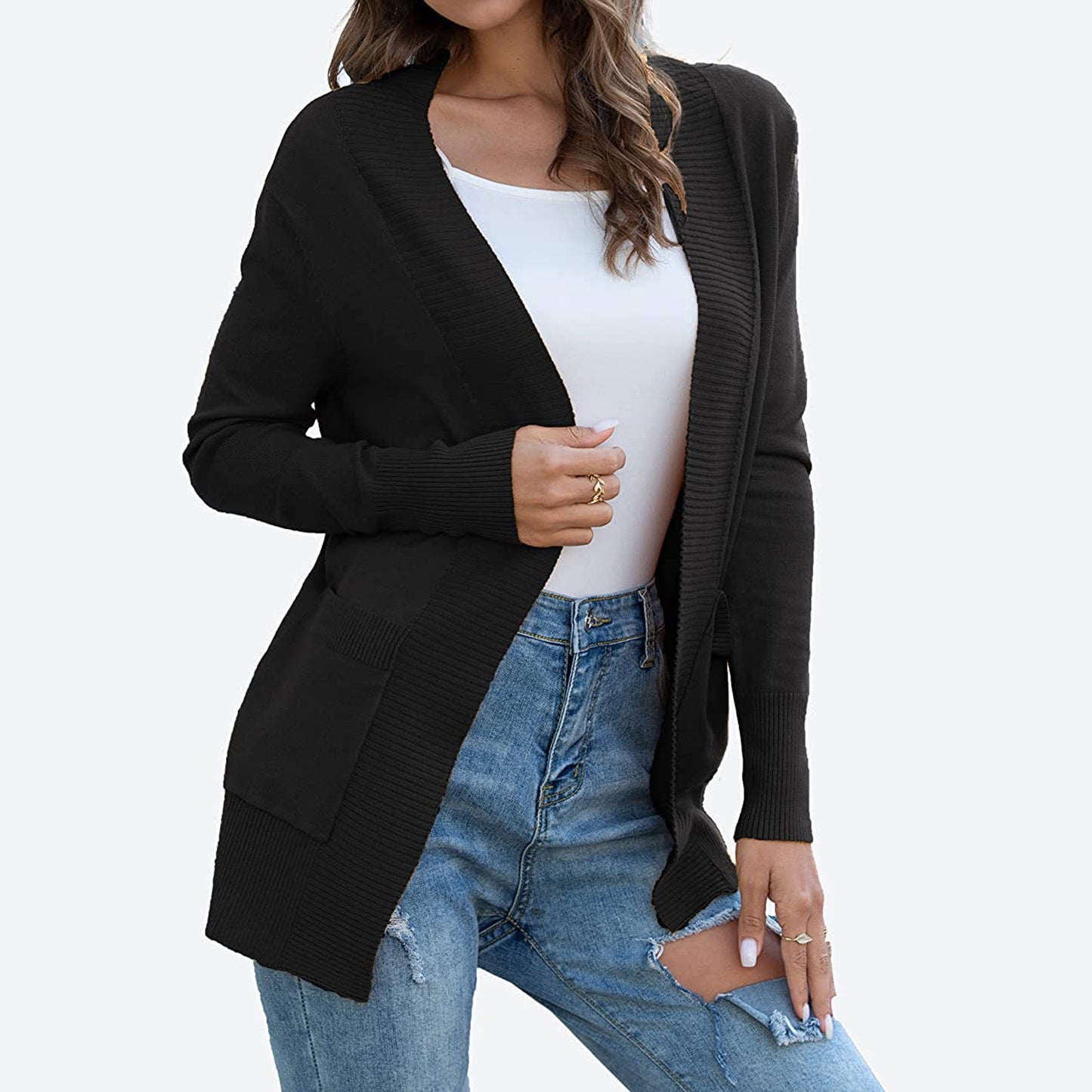Women's Open Front Knit Cardigan with Pockets Long Sleeve