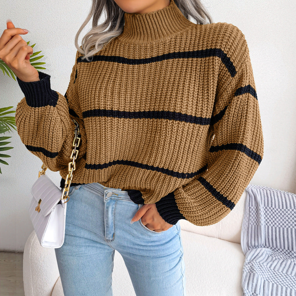 Women's Casual Striped Lantern Sleeve Semi-turtleneck Knitted Sweater